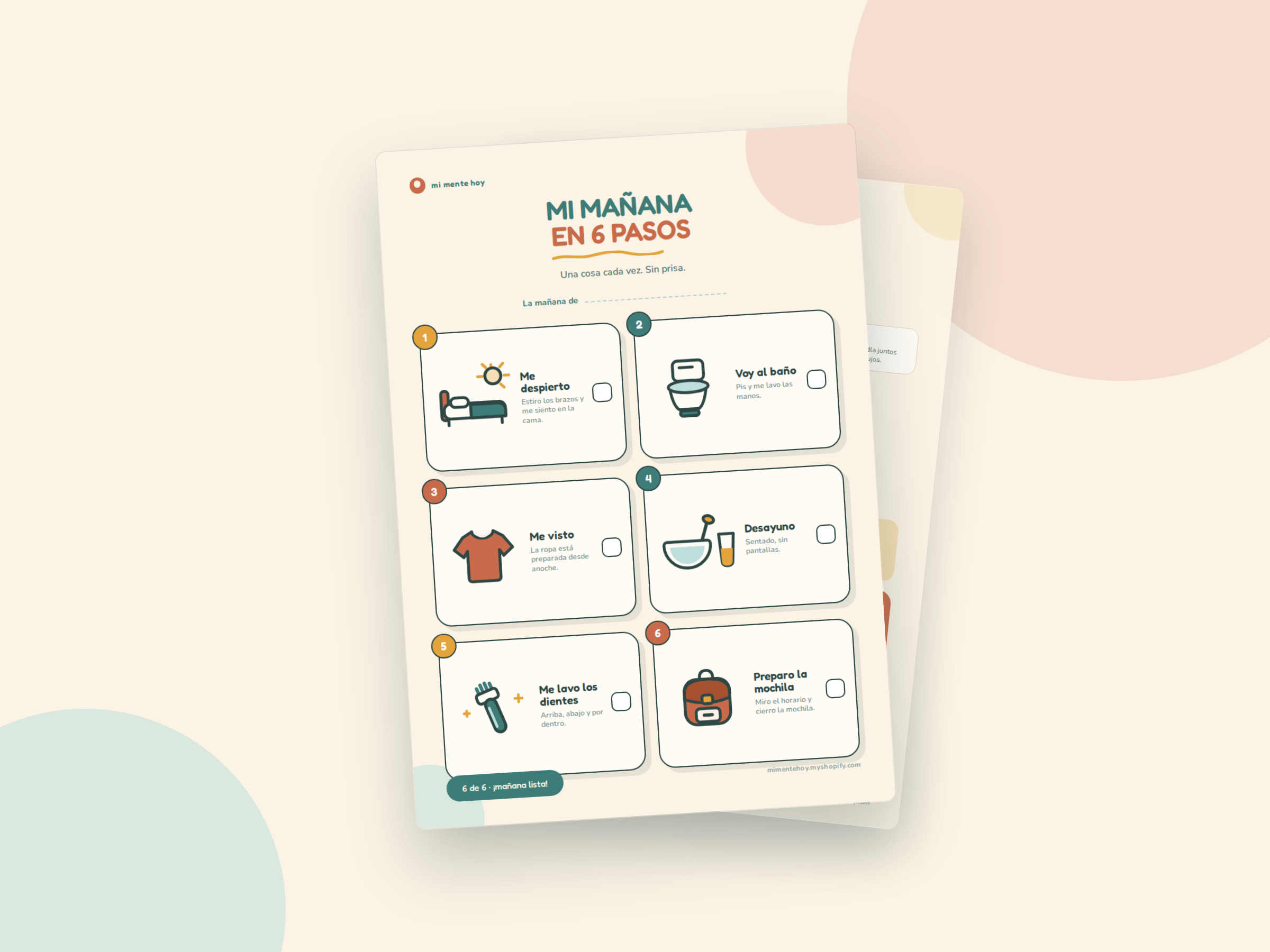 Lámina imprimible Mi mañana en 6 pasos, con la microguía para padres